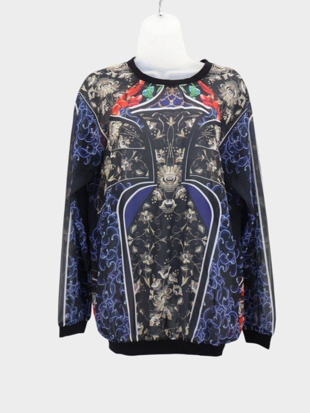 Clover Canyon Floral Baroque Abstract Print Sheer Pullover Top Black Blue S